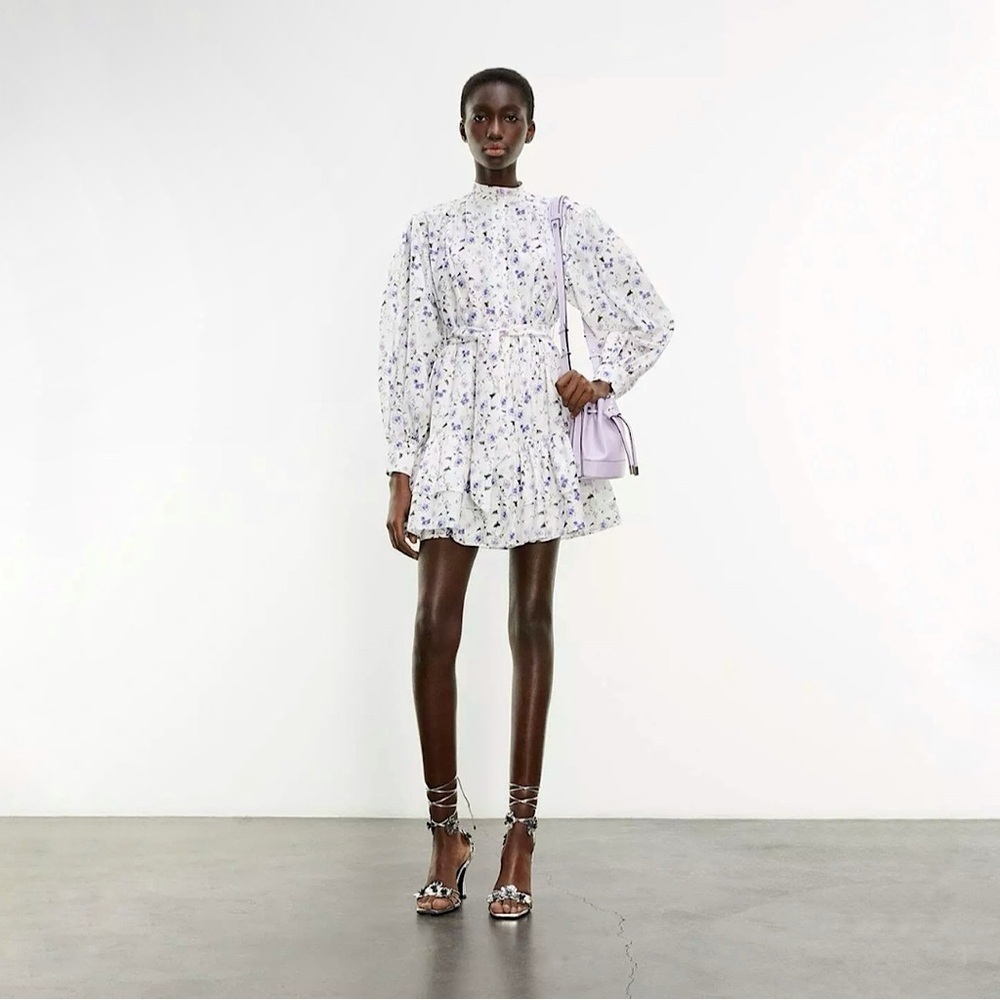 The Kooples Floral Cotton Silk Tie Waist Shirt Dress White Purple Peony Small